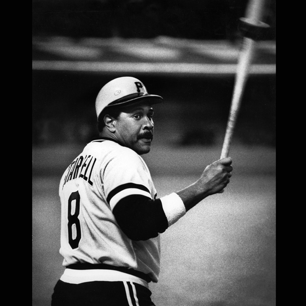 1982 - Willie "Pops" Stargell takes time to reflect while waiting on-deck versus the Dodgers